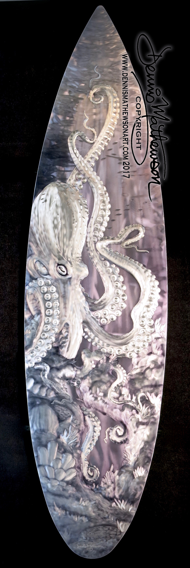 original art on 18"x70" aluminum surfboard shape