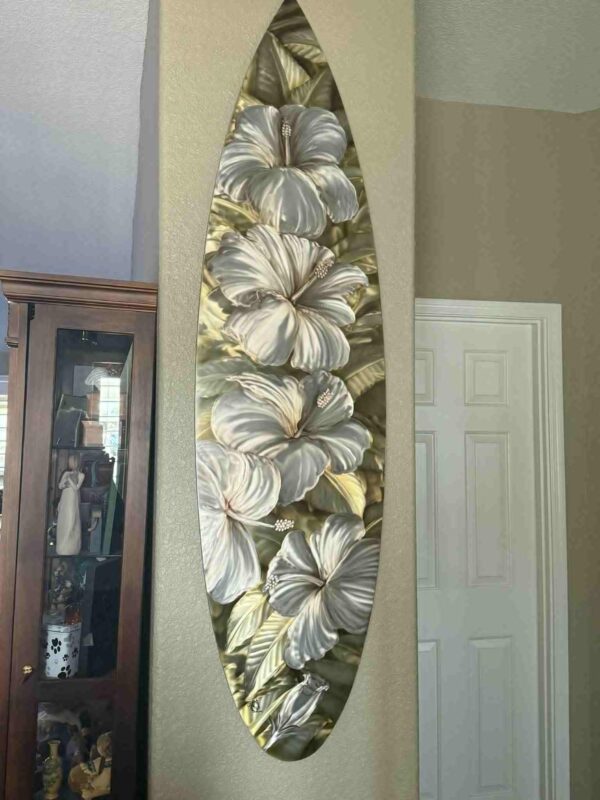 Gold Hibiscus flower surfboard shape ON SALE