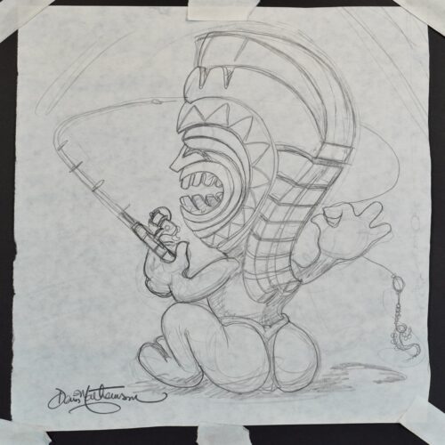 Fishing Tiki original pencil drawing
