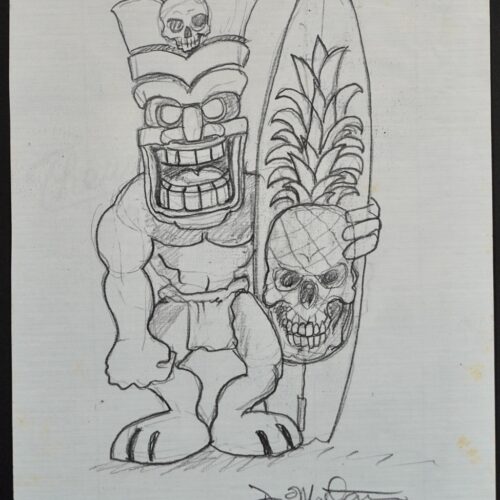 Pineapple Skull Surfer Tiki original pencil drawing