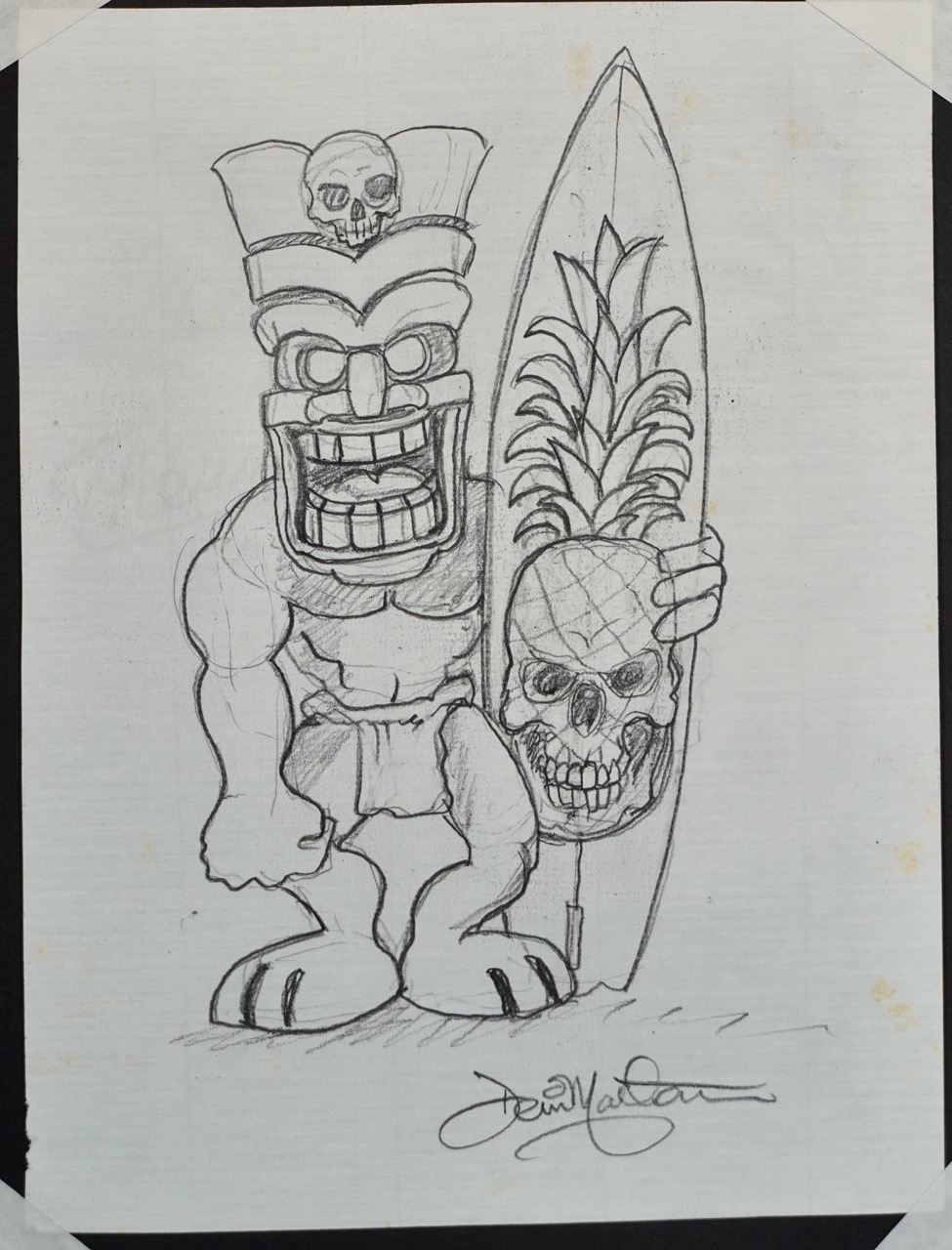 Pineapple Skull Surfer Tiki original pencil drawing