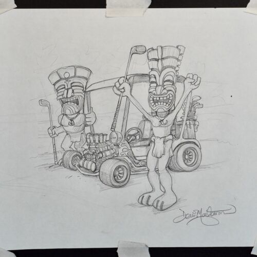 Tiki Tee Time got cart tiki original pencil drawing