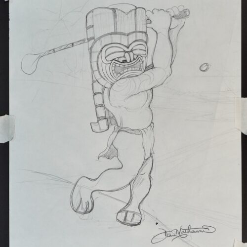 Tiki Tee Time golfer original pencil drawing