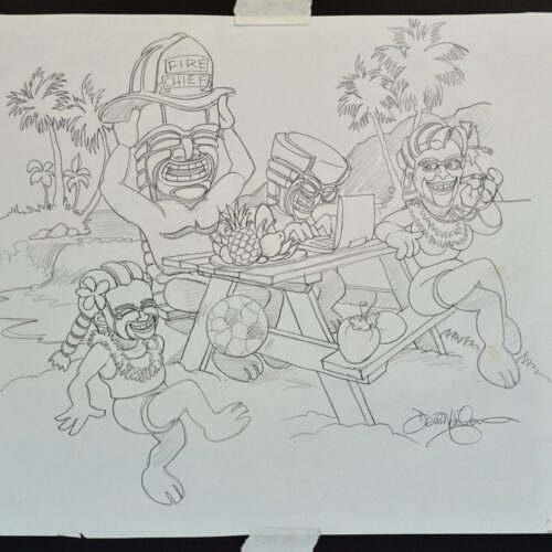 Tiki Family Beach original pencil drawing