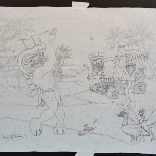 Tiki Tee Time original pencil drawing